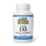 Natural Factors Vitamina D3 10000IU: botella para apoyo diario de huesos y sistema inmune.