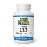 Natural Factors Vitamina D3 1000iu, botella, apoyo a huesos y sistema inmunitario