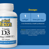 Natural Factors Vitamina D3 1000iu, etiqueta frontal con información útil