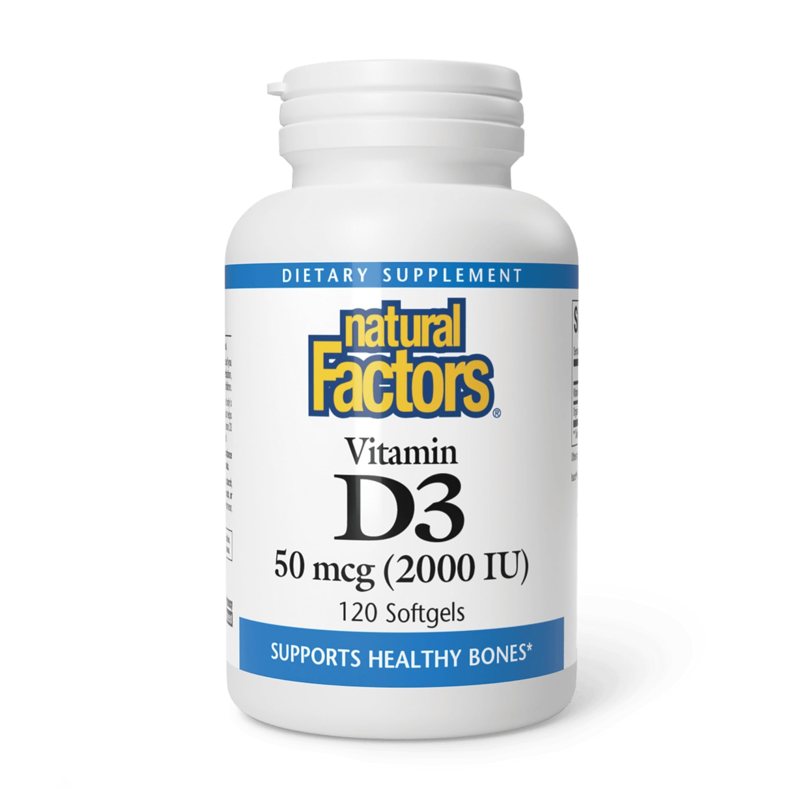 Natural Factors Vitamina D3 2000 IU, cápsulas blandas en frasco para huesos fuertes.
