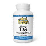 Natural Factors Vitamina D3 2000 IU, cápsulas blandas en frasco para huesos fuertes.