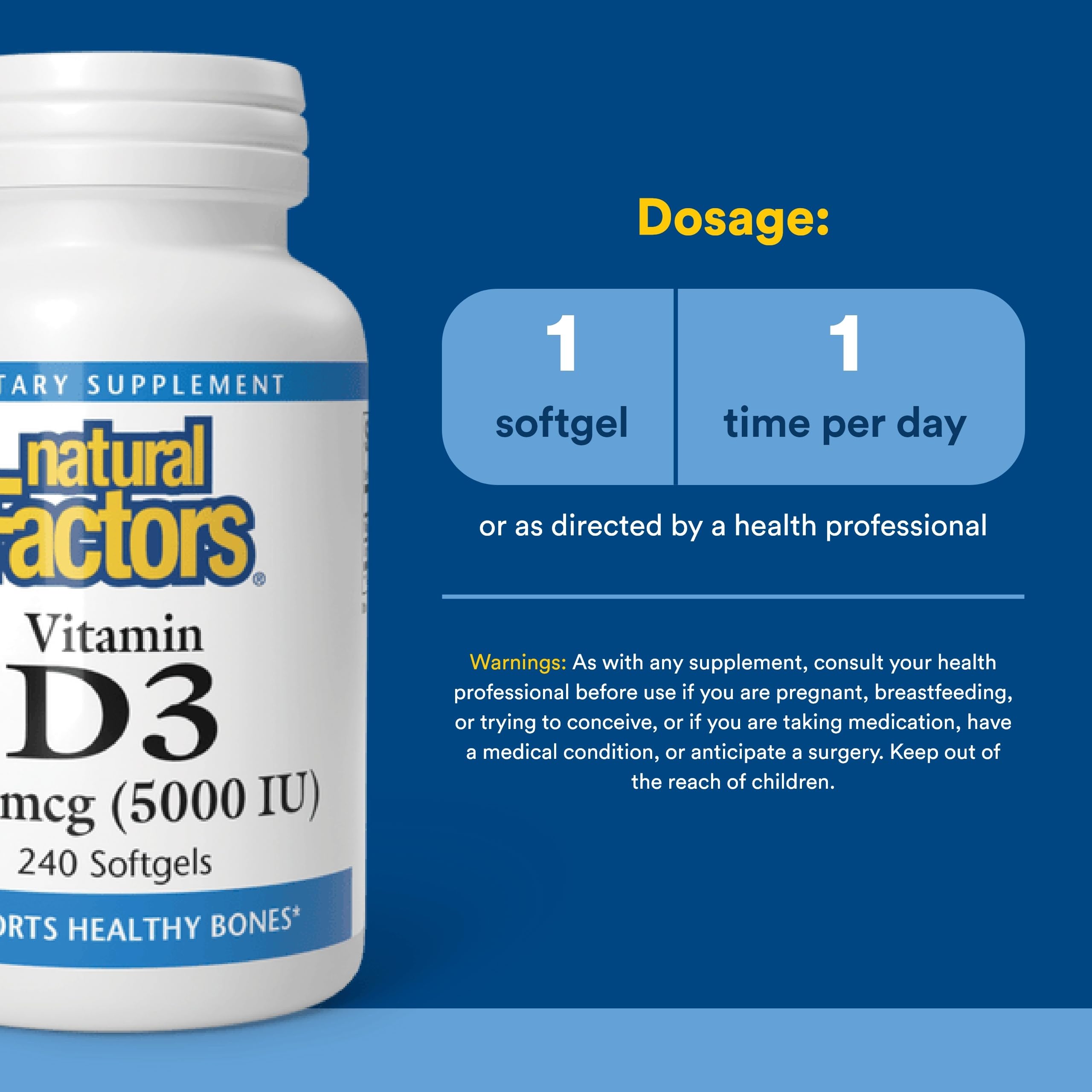 Natural Factors Vitamina D3, cápsula blanda individual, dosis diaria conveniente.