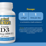 Natural Factors Vitamina D3, cápsula blanda individual, dosis diaria conveniente.
