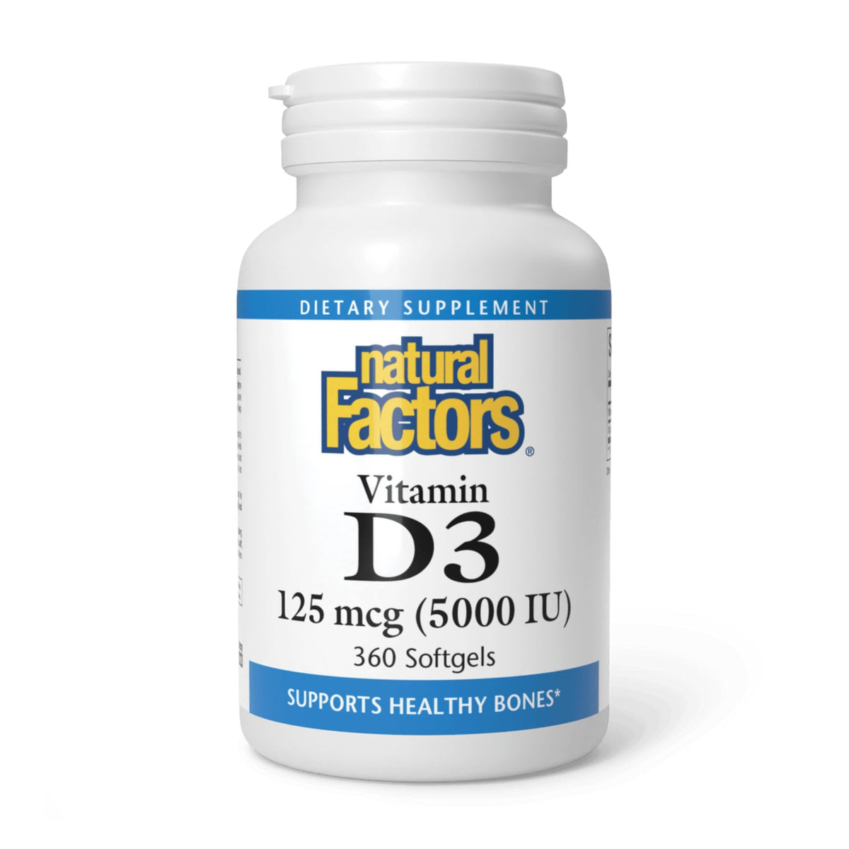 Natural Factors Vitamina D3, bote de cápsulas blandas para uso diario.