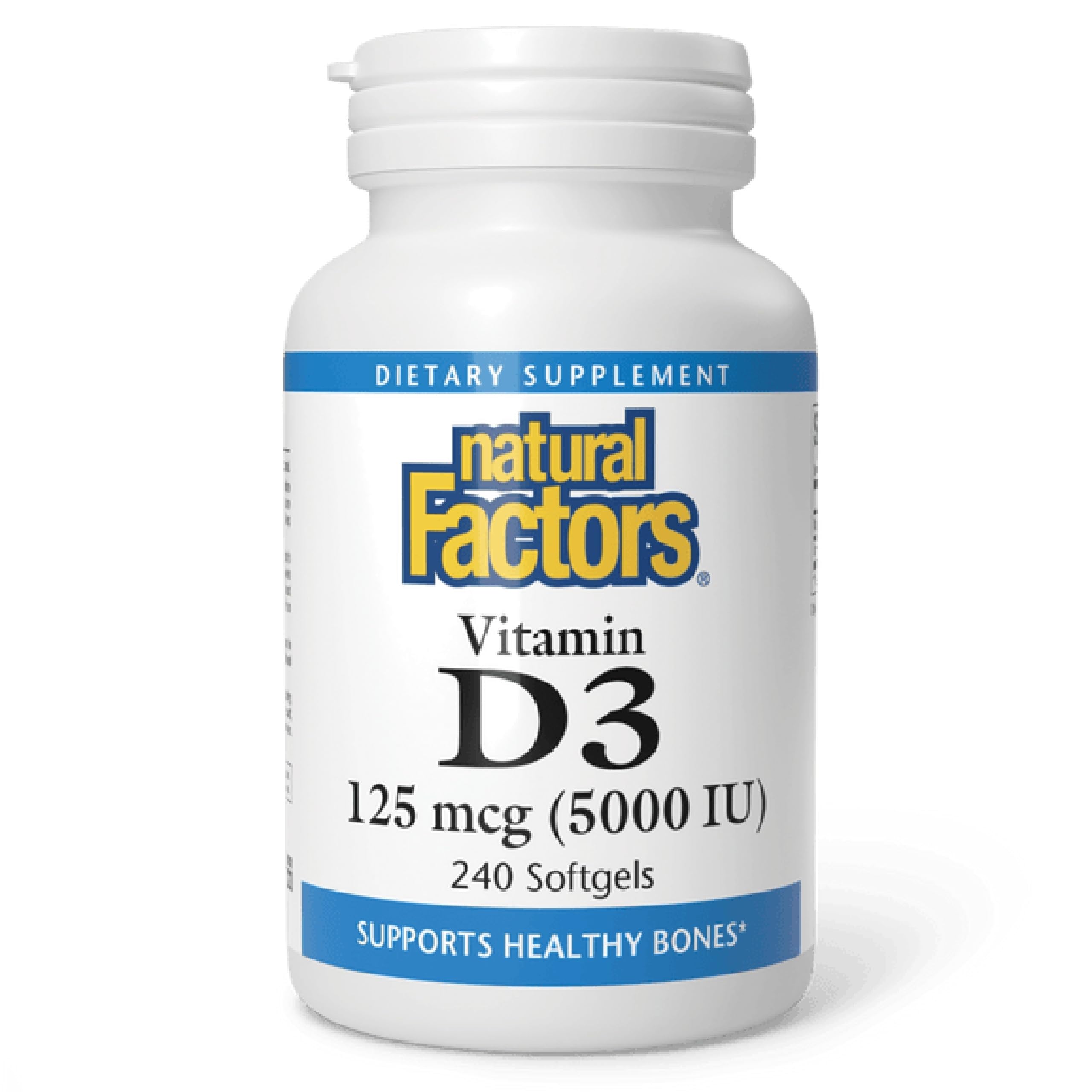 Natural Factors Vitamina D3, botella de cápsulas blandas, apoya huesos y sistema inmunológico.