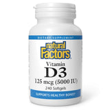 Natural Factors Vitamina D3, botella de cápsulas blandas, apoya huesos y sistema inmunológico.