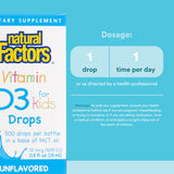 Natural Factors Vitamina D3 gotas 10 mcg para niños, apoyo diario.