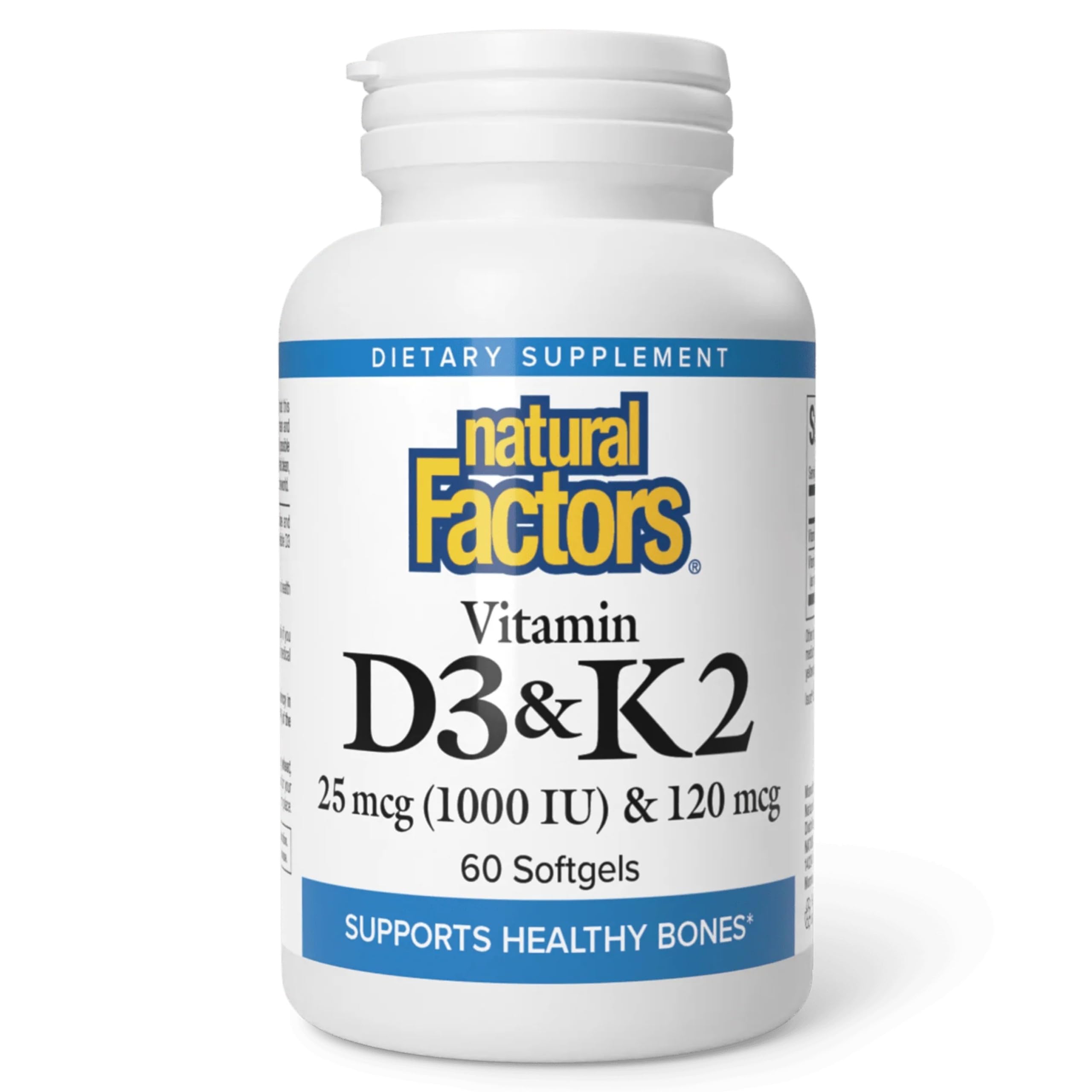 Natural Factors Vitamina D3 y K2, botella, soporte para huesos y salud vascular.