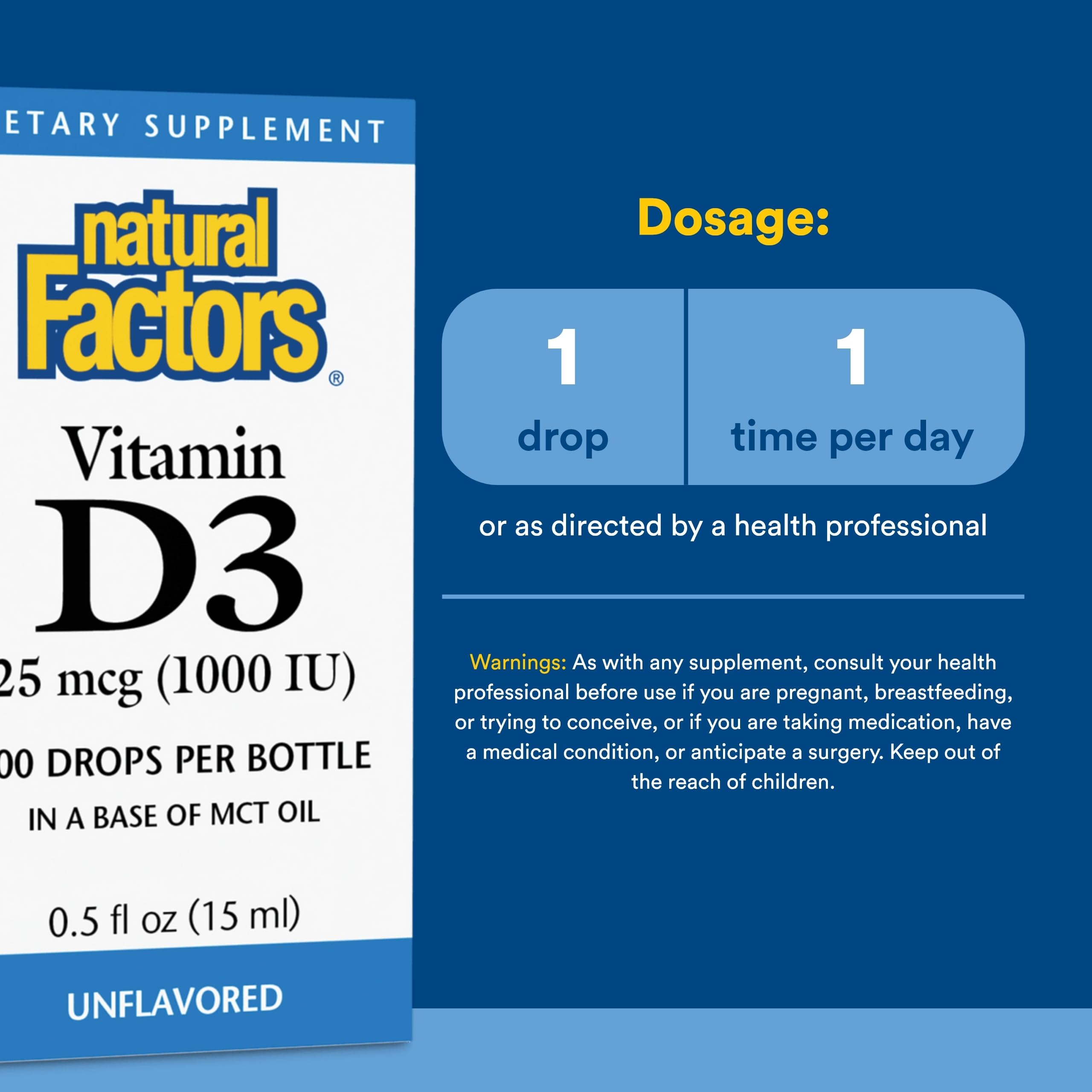 Natural Factors Vitamina D3 en líquido, etiqueta frontal destacando calidad