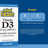 Natural Factors Vitamina D3 en líquido, etiqueta frontal destacando calidad