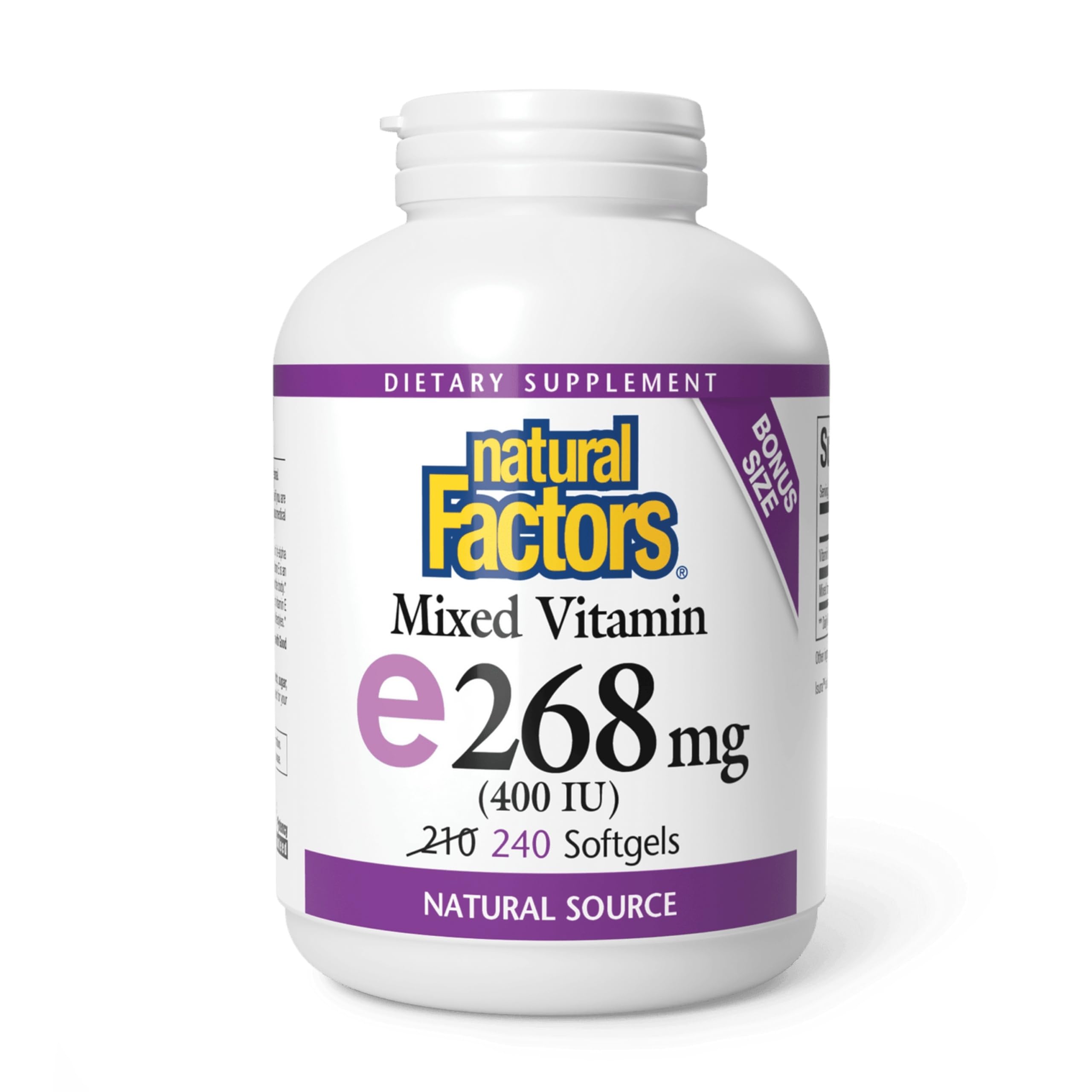 Natural Factors Vitamina E 400 UI cápsula de gel suave para apoyo antioxidante diario.