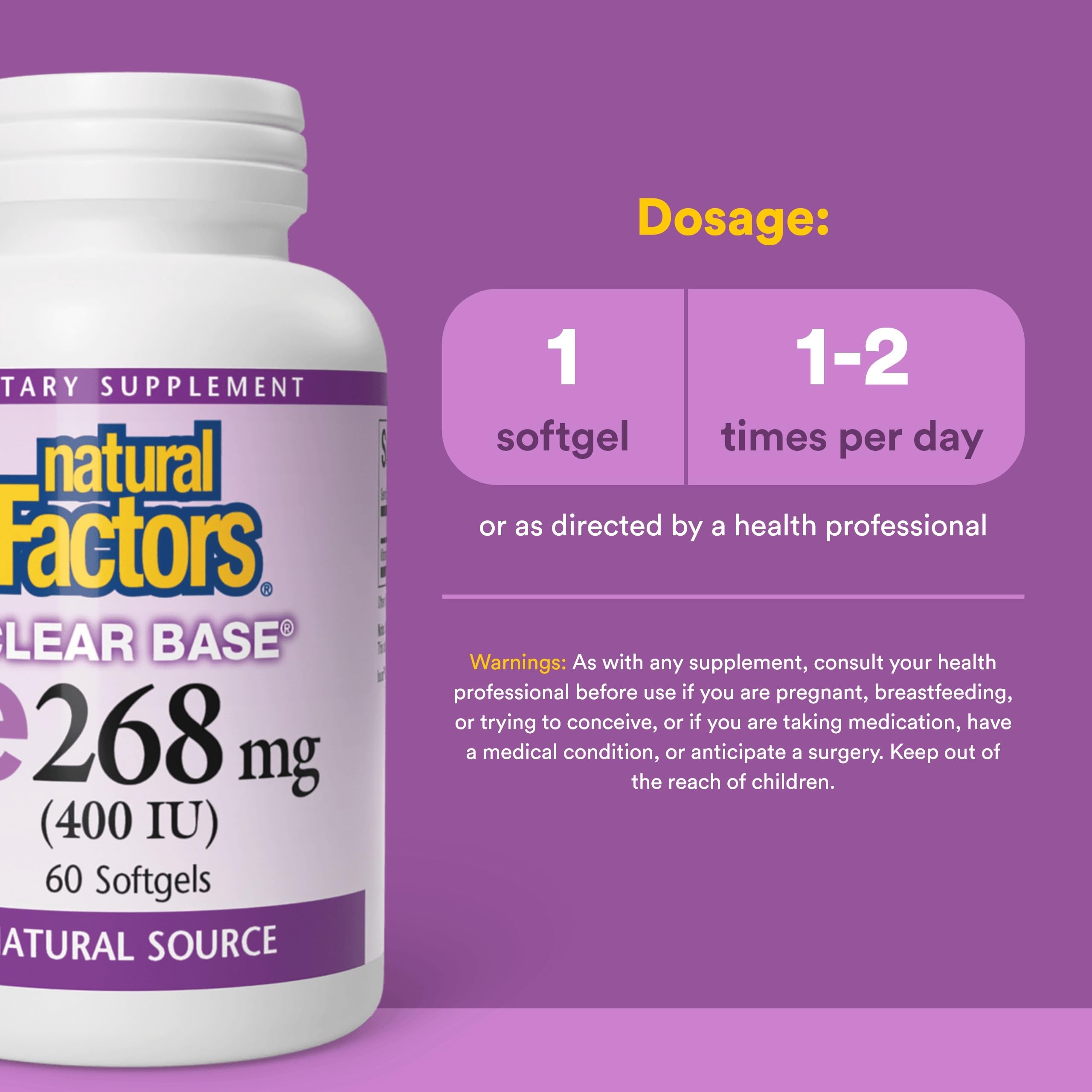 Natural Factors Vitamina E 400 IU, etiqueta frontal, información clara para uso cotidiano.