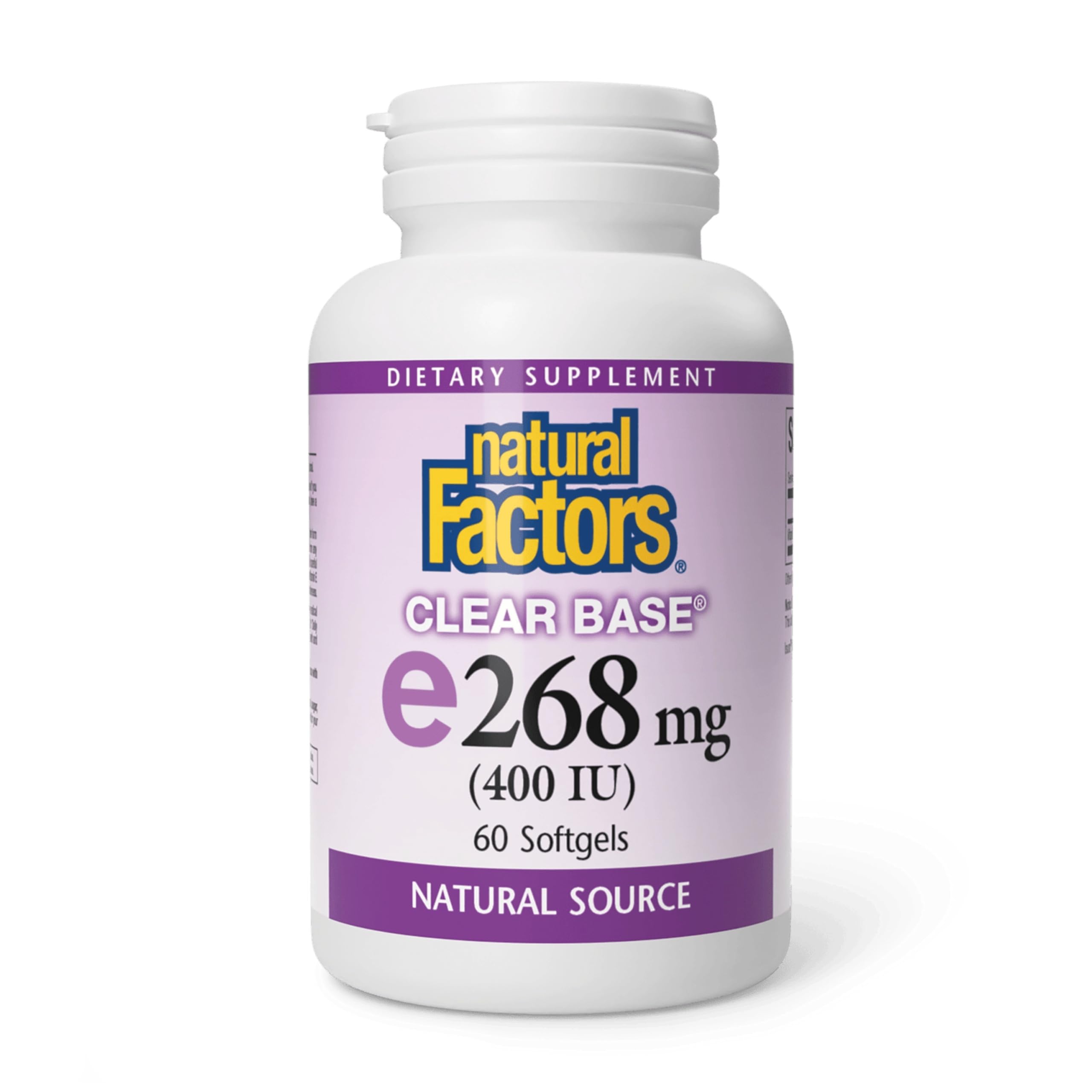 Natural Factors Vitamina E 400 IU, frasco derramando, soporte antioxidante diario para membranas celulares.