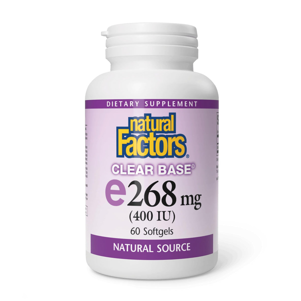 Natural Factors Vitamina E 400 IU, frasco derramando, soporte antioxidante diario para membranas celulares.
