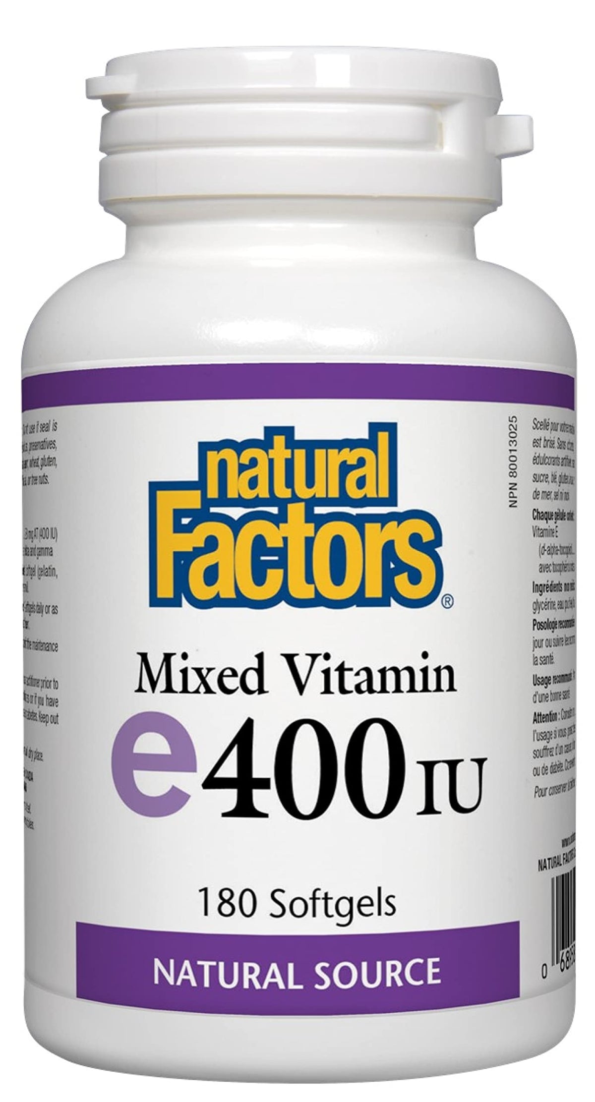 Natural Factors Vitamina E: botella de softgel para apoyo general de salud diaria.
