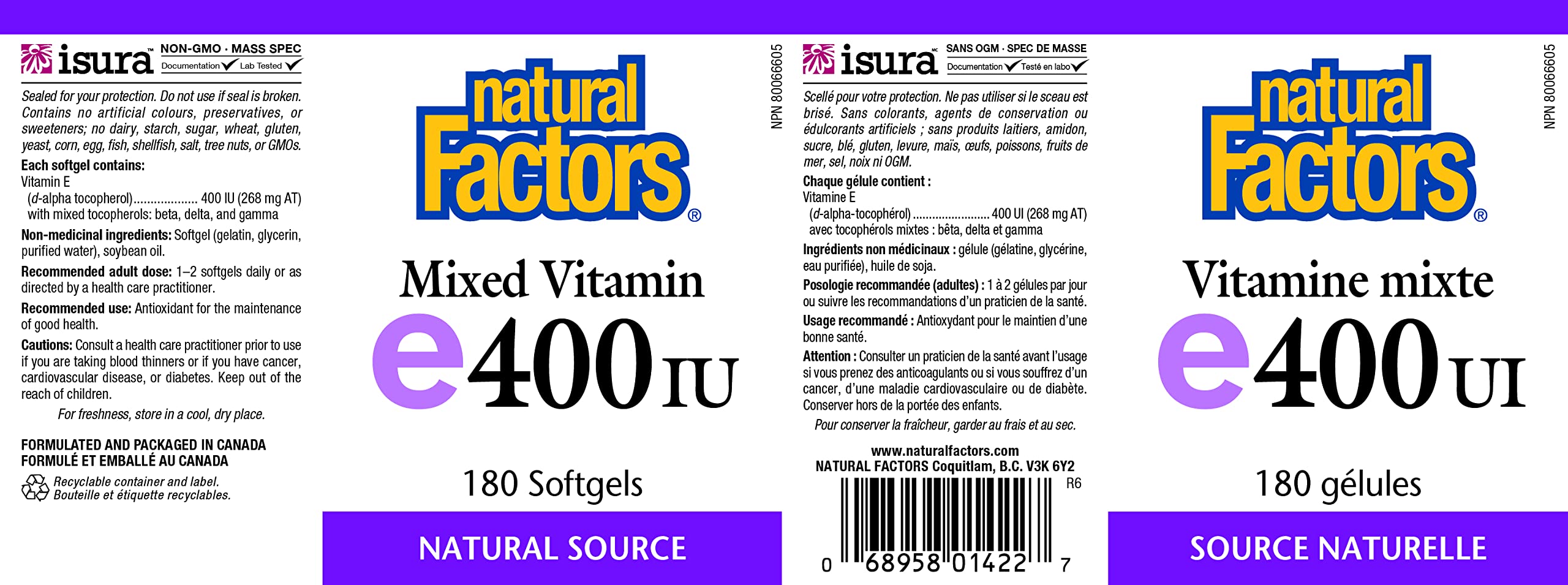 Natural Factors Vitamina E: etiqueta nutricional para dosis y uso diario.