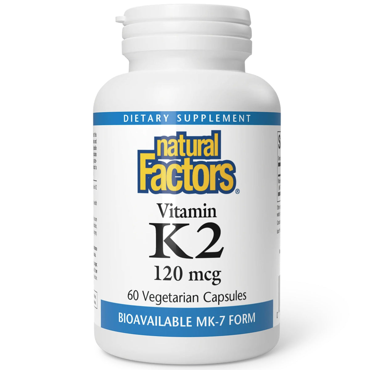 Natural Factors Vitamina K2: cápsulas en botella para apoyo diario de huesos y vasos.