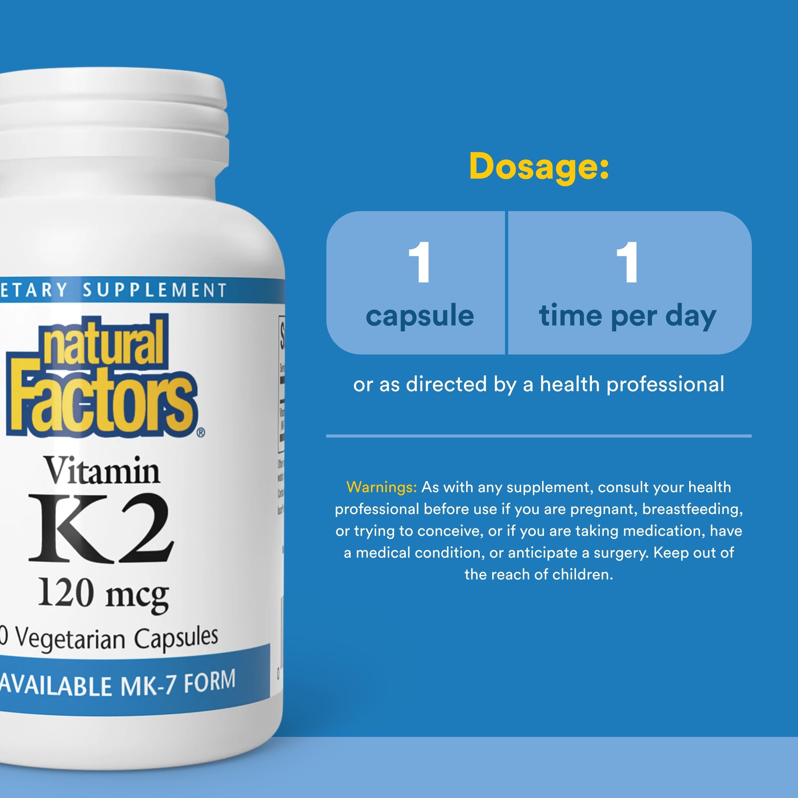Natural Factors Vitamina K2: etiqueta clara que destaca su fórmula libre de alérgenos.