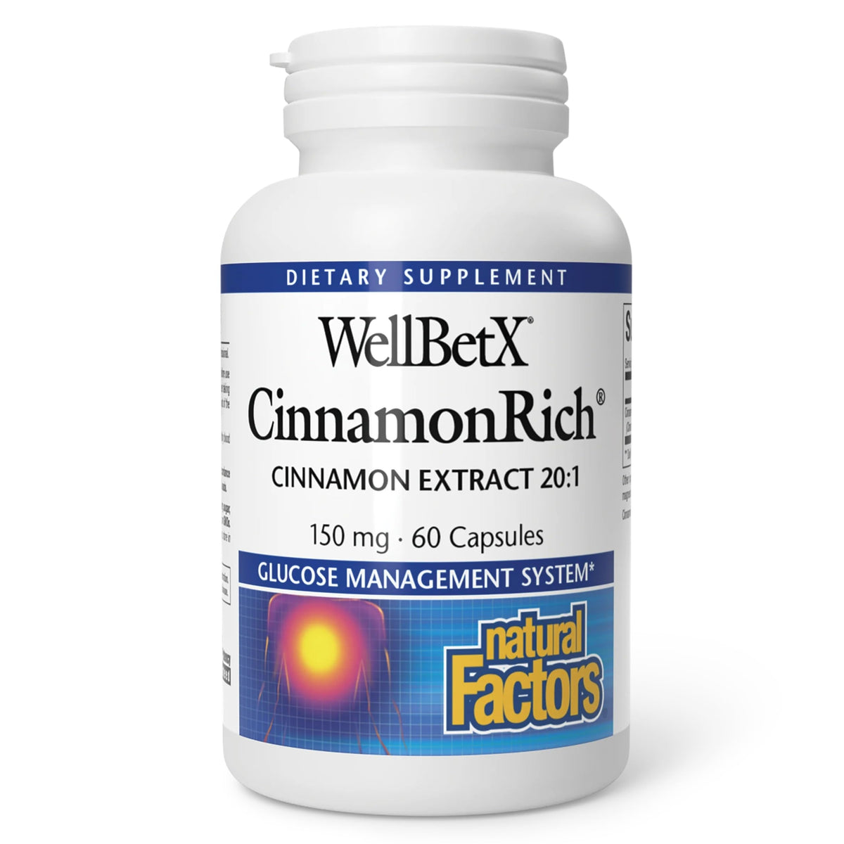 Natural Factors WellBetX CinnamonRich Extracto 150 mg, botella con aroma a canela para uso diario.
