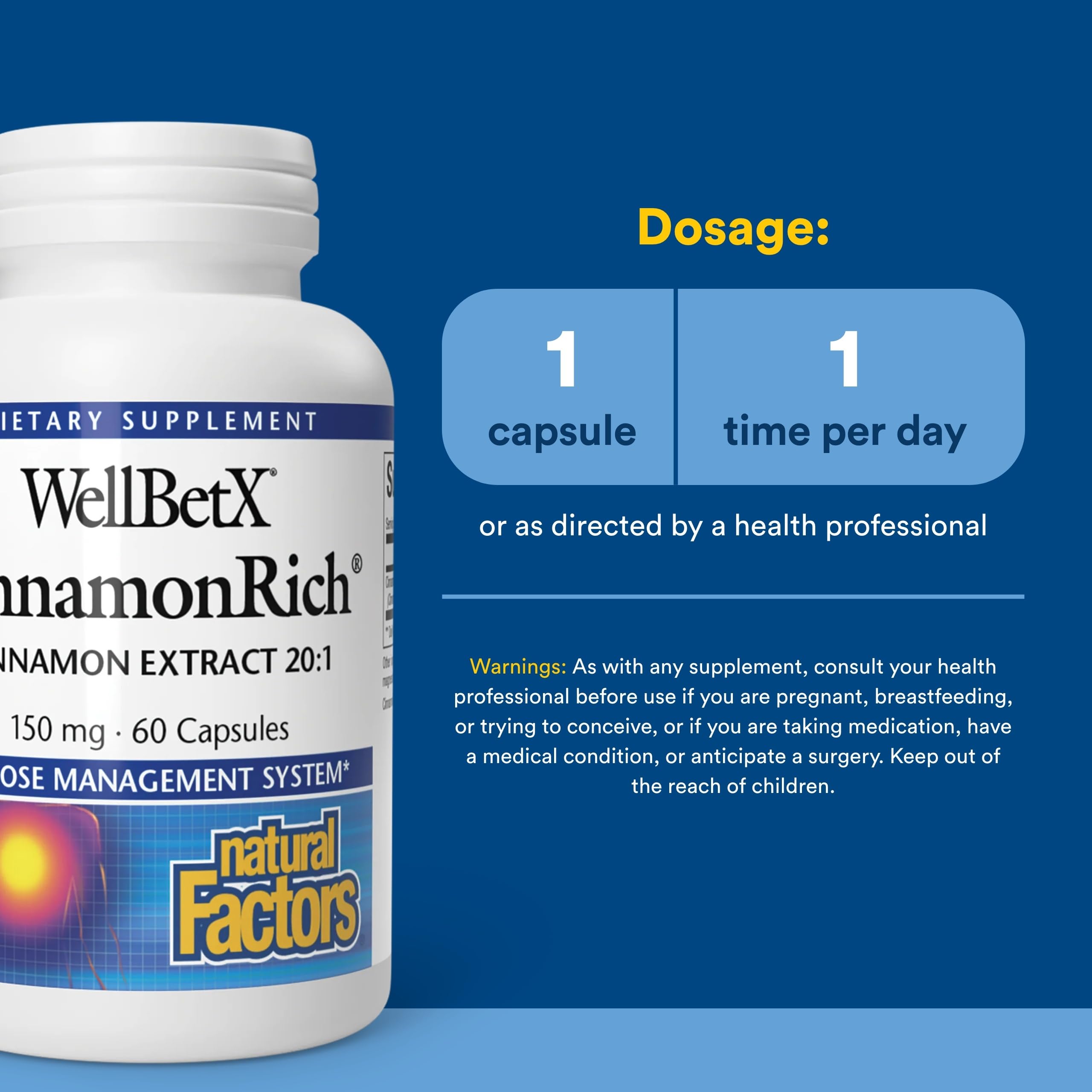 Natural Factors WellBetX CinnamonRich Extracto 150 mg, cápsulas fáciles de tragar para la rutina diaria.