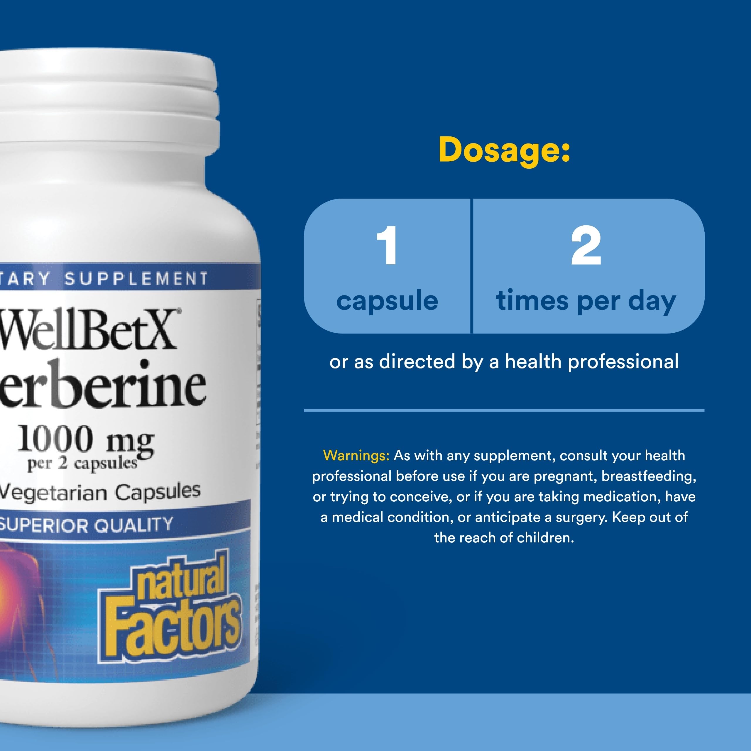 Natural Factors WellBetX Berberina: envase de 60 cápsulas para uso diario.