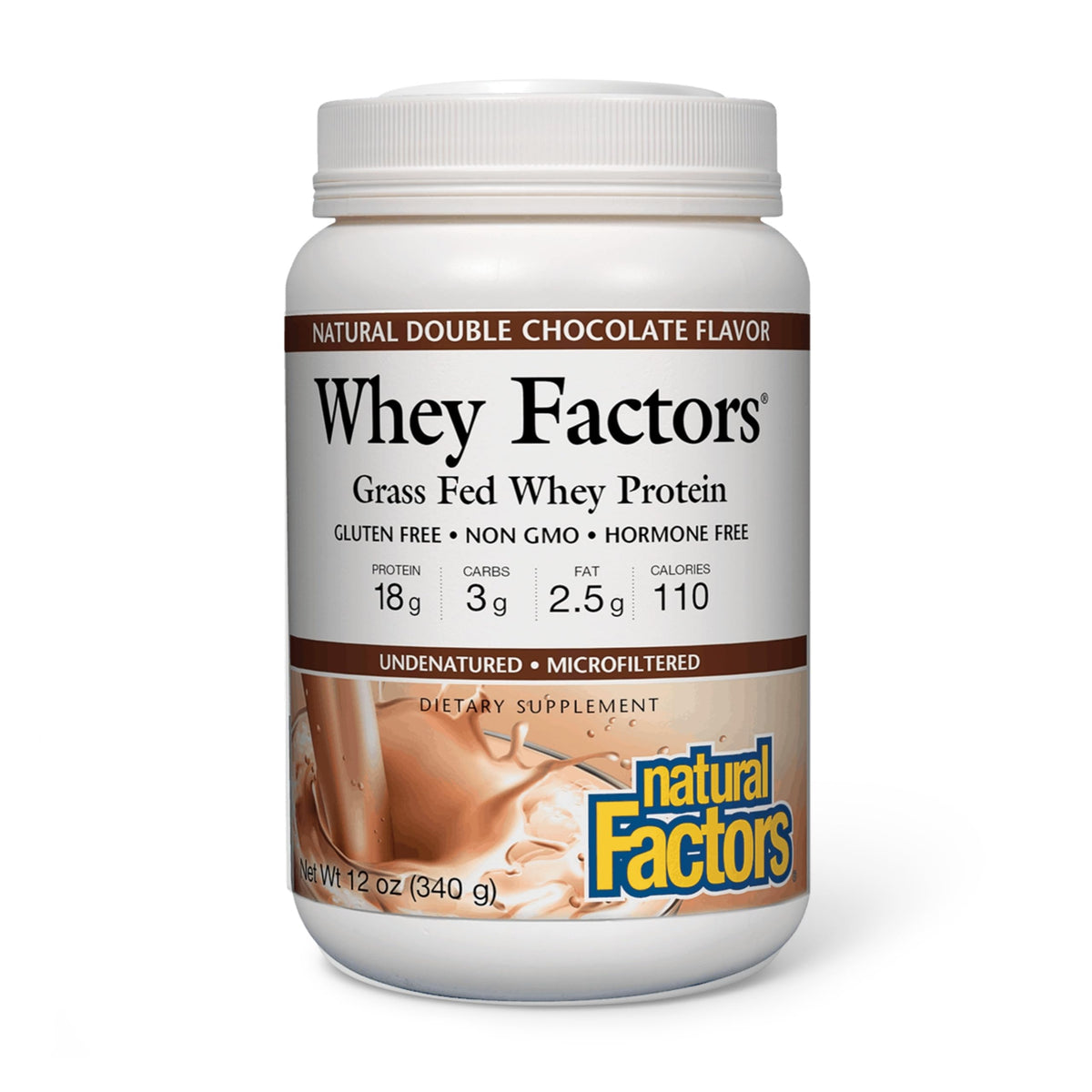 Natural Factors Whey Factors, bote doble chocolate, proteína de alta calidad para entrenamientos diarios.