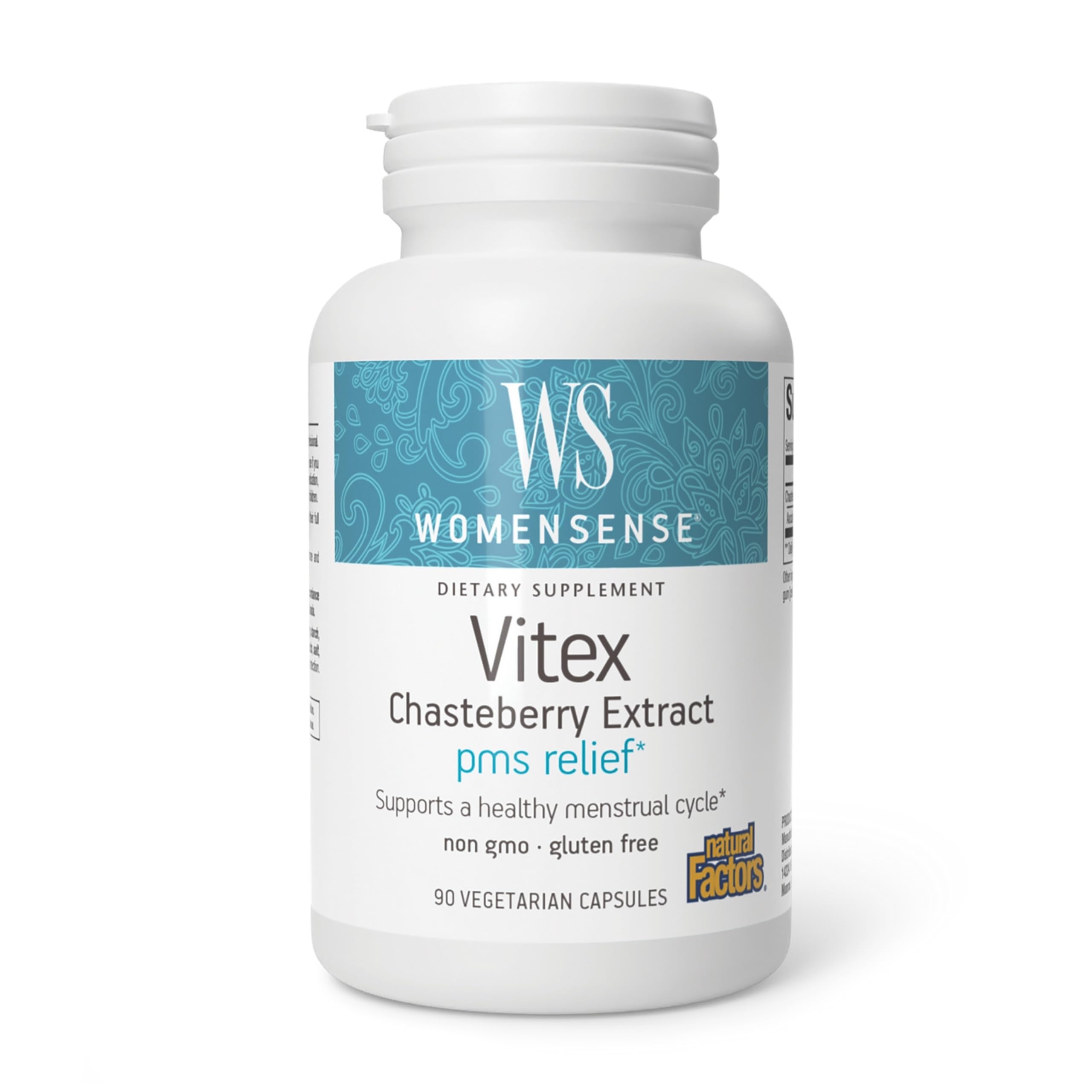 Natural Factors WomenSense Vitex cápsulas en frasco para apoyo hormonal diario.