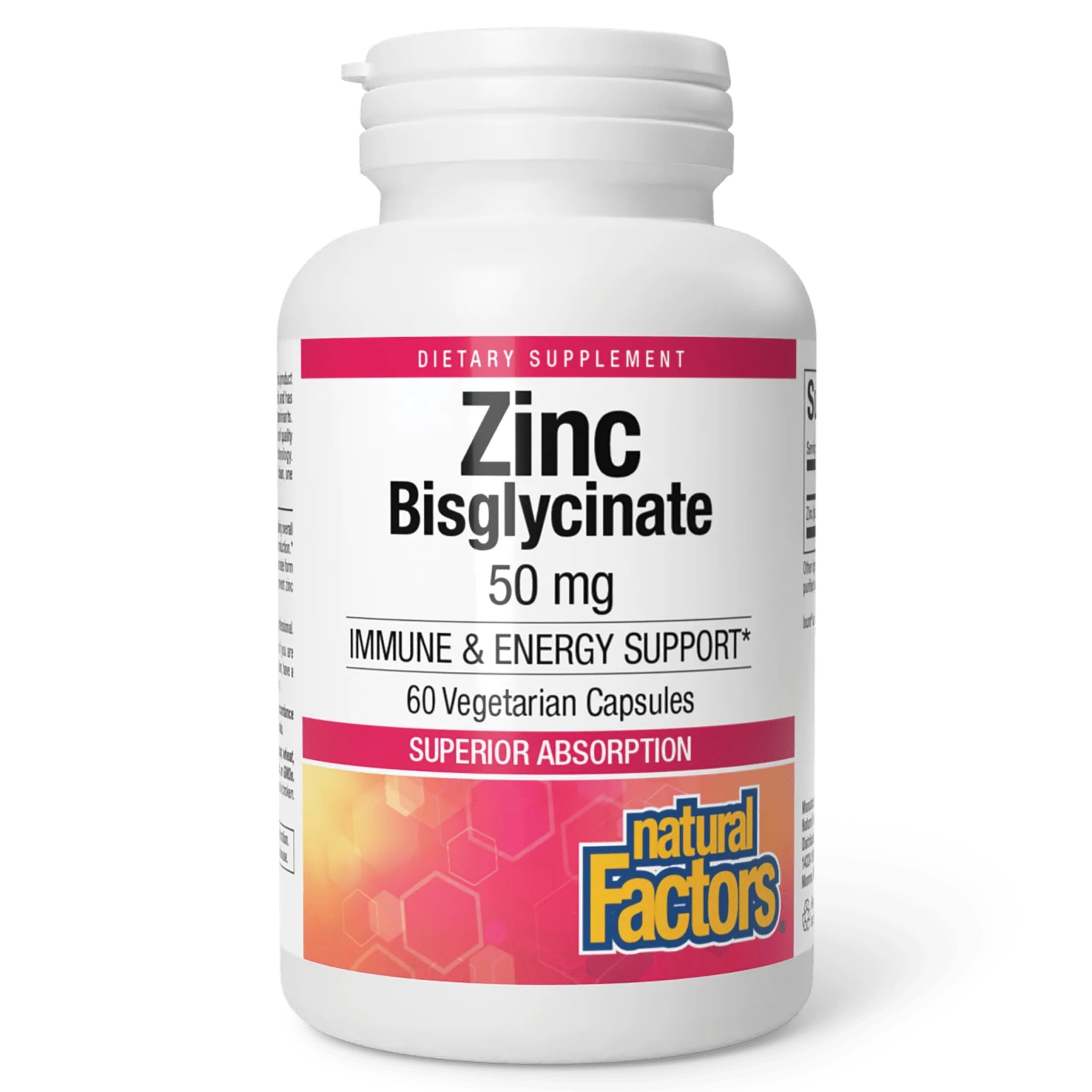 Natural Factors Zinc Bisglicinato 50 mg, botella visible, soporte diario para el sistema inmunológico.