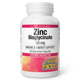 Natural Factors Zinc Bisglicinato 50 mg, botella visible, soporte diario para el sistema inmunológico.