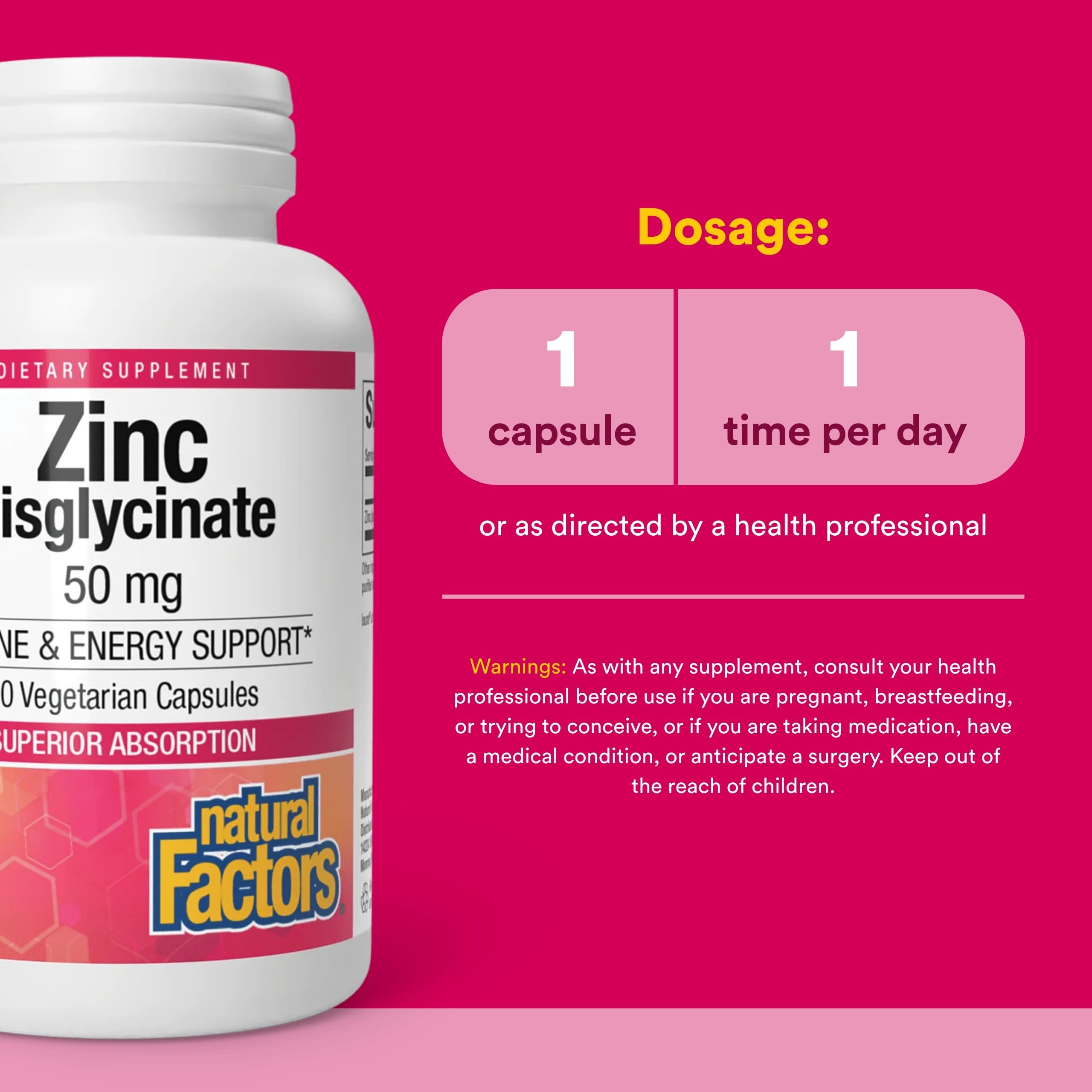 Natural Factors Zinc Bisglicinato 50 mg, etiqueta frontal, producto vegano y libre de alérgenos.