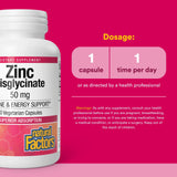 Natural Factors Zinc Bisglicinato 50 mg, etiqueta frontal, producto vegano y libre de alérgenos.