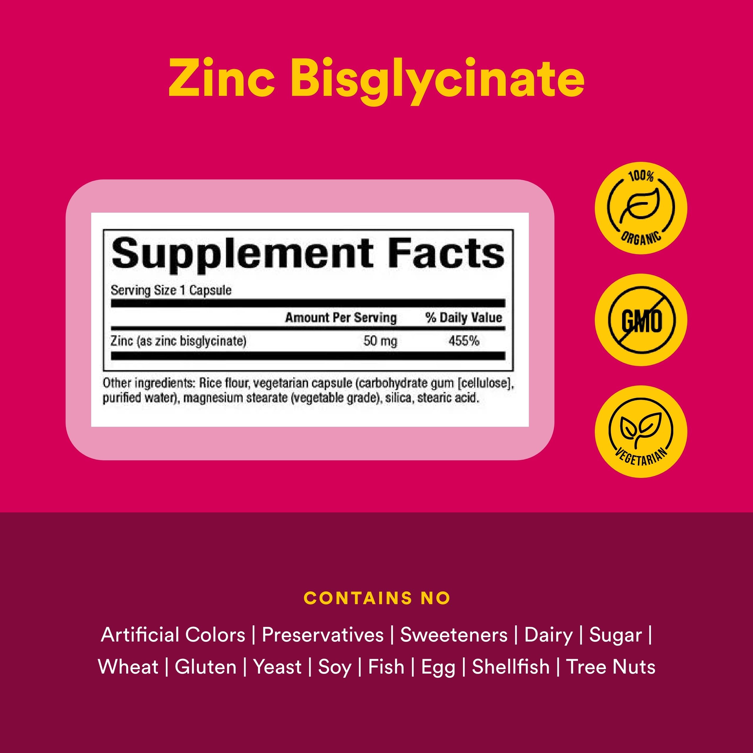 Natural Factors Zinc Bisglicinato 50 mg, ingredientes en etiqueta, alta biodisponibilidad.