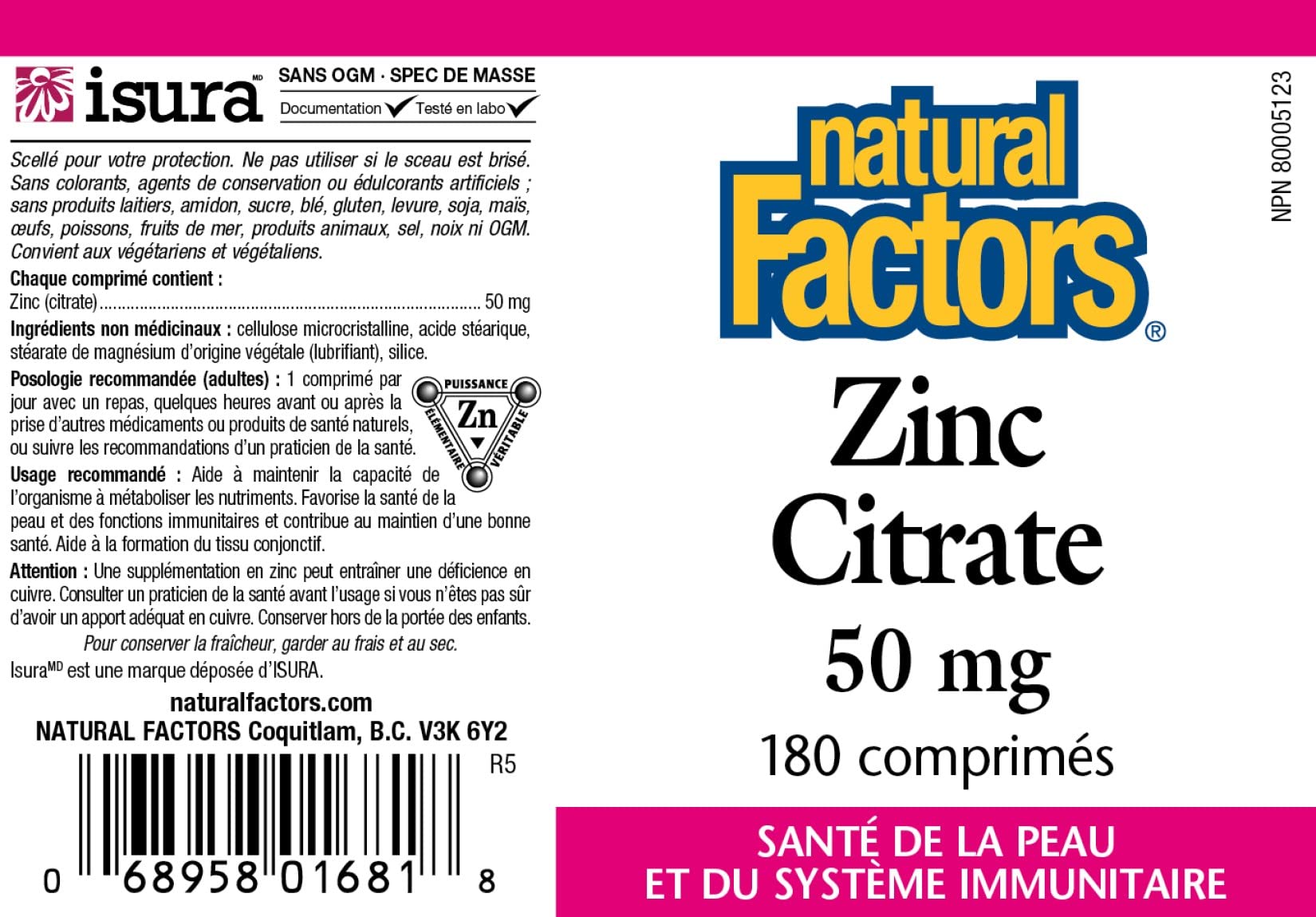 Natural Factors Zinc Citrato 50 mg, dosis diaria recomendada para apoyar funciones corporales.