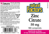 Natural Factors Zinc Citrato 50 mg, dosis diaria recomendada para apoyar funciones corporales.
