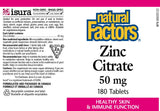 Natural Factors Zinc Citrato 50 mg, envase de 180 tabletas para suministro prolongado.