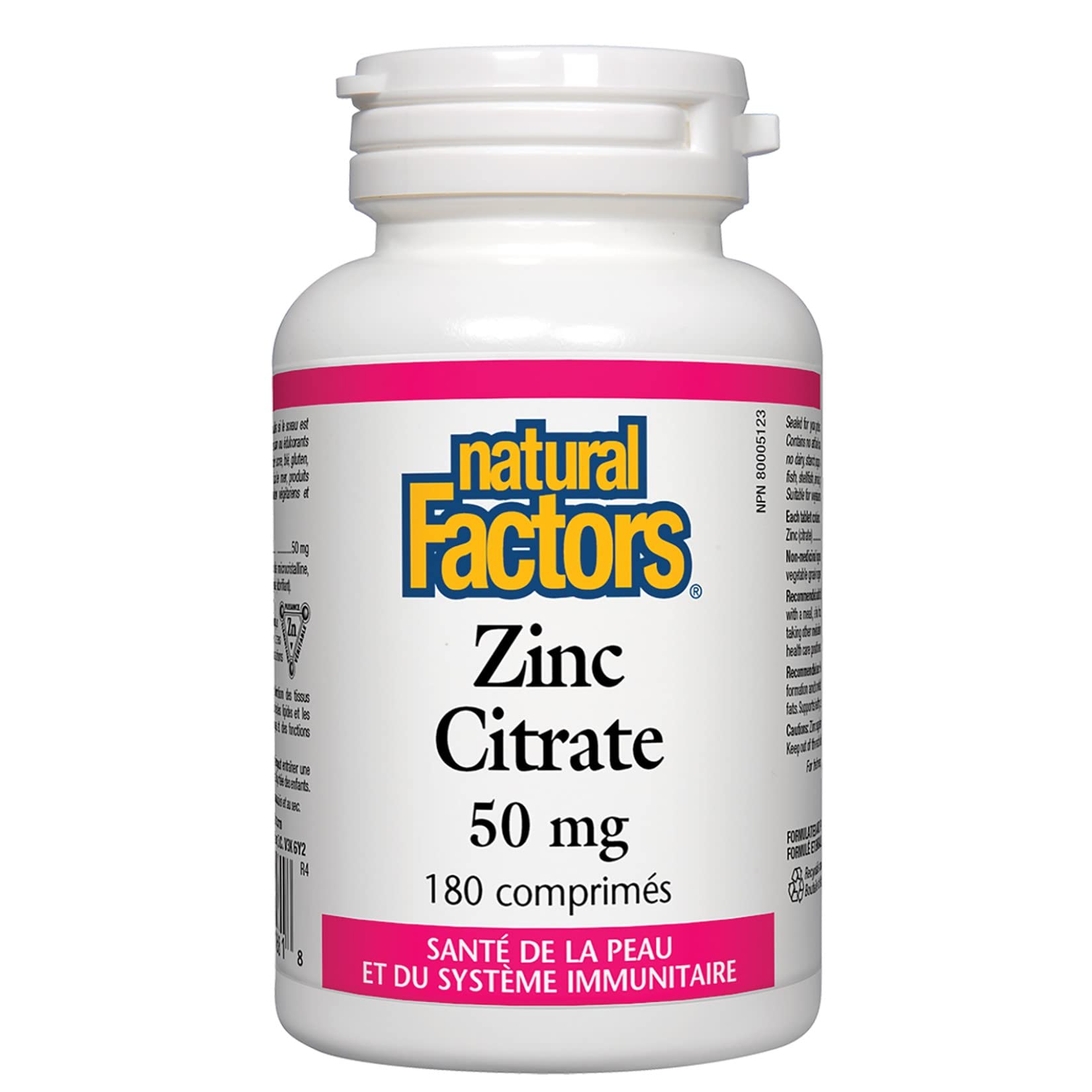 Etiqueta informativa de Natural Factors Zinc Citrato 50 mg para conocer dosis y uso.