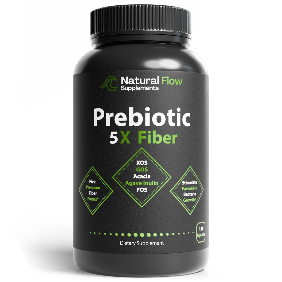 Natural Flow 5X Fibra envase: prebióticos para apoyar la salud intestinal.
