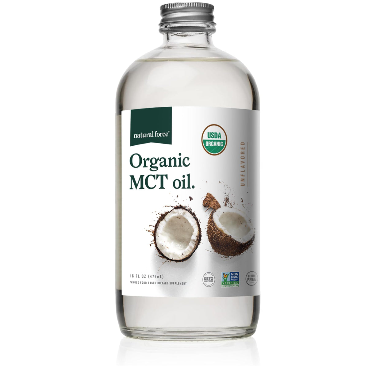 Natural Force Aceite MCT en botella de vidrio, ideal para uso diario.