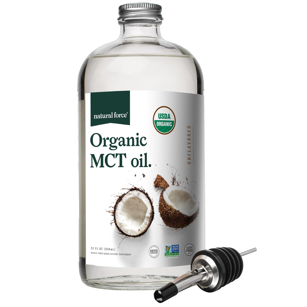 Natural Force Organic MCT Oil en botella de cristal, conserva la pureza para dieta cetogénica y batidos