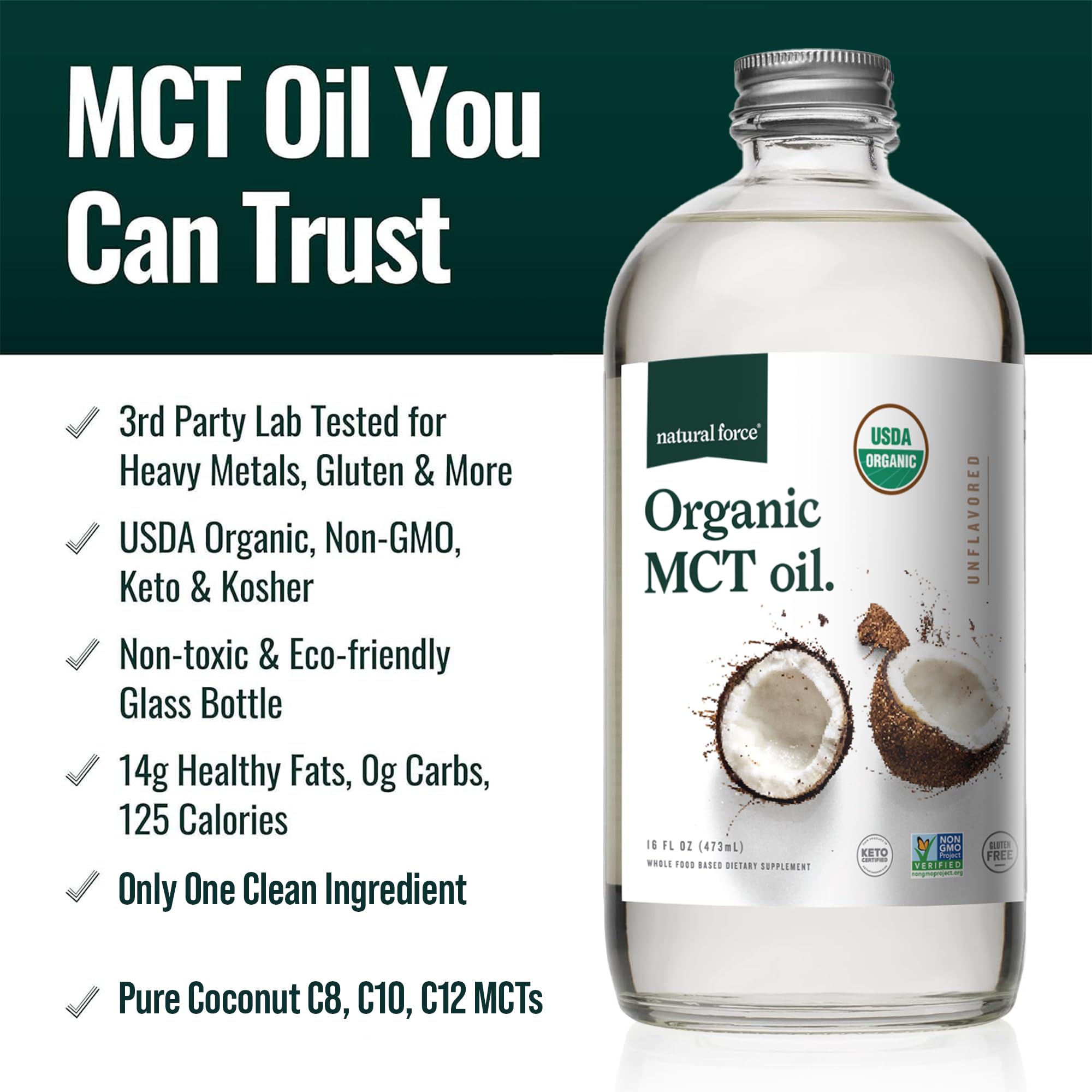 Natural Force Organic MCT Oil vertido, ideal para café y batidos sin azúcar