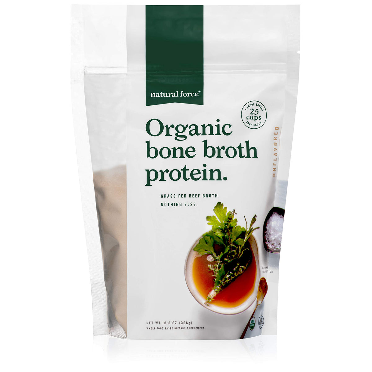 Natural Force Polvo Caldo Orgánico Cucharada: aporta proteína limpia para tus recetas.