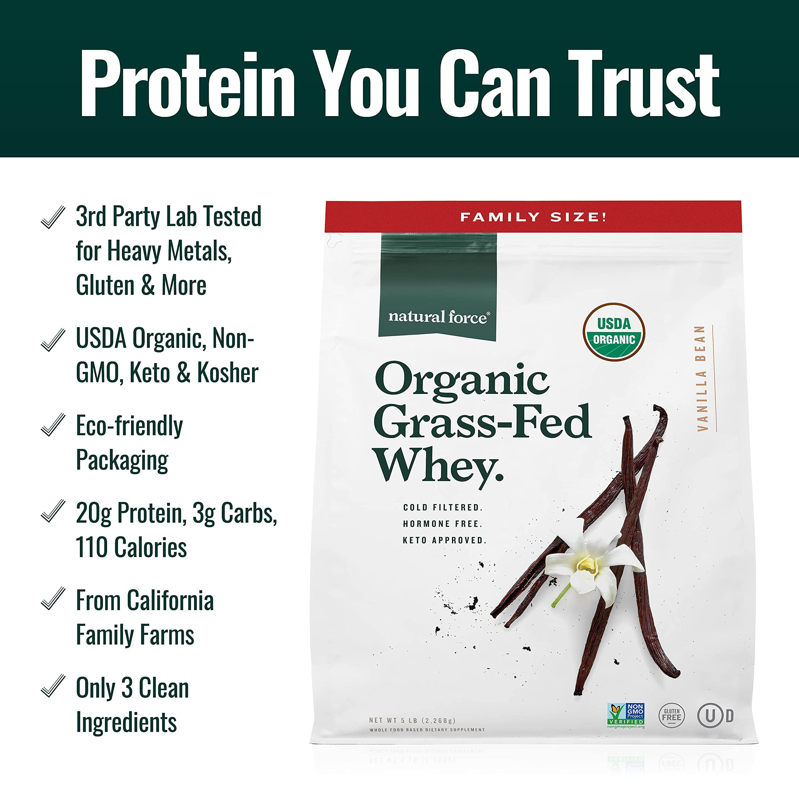 Saco BPA-free de Natural Force Whey facilita almacenamiento responsable.