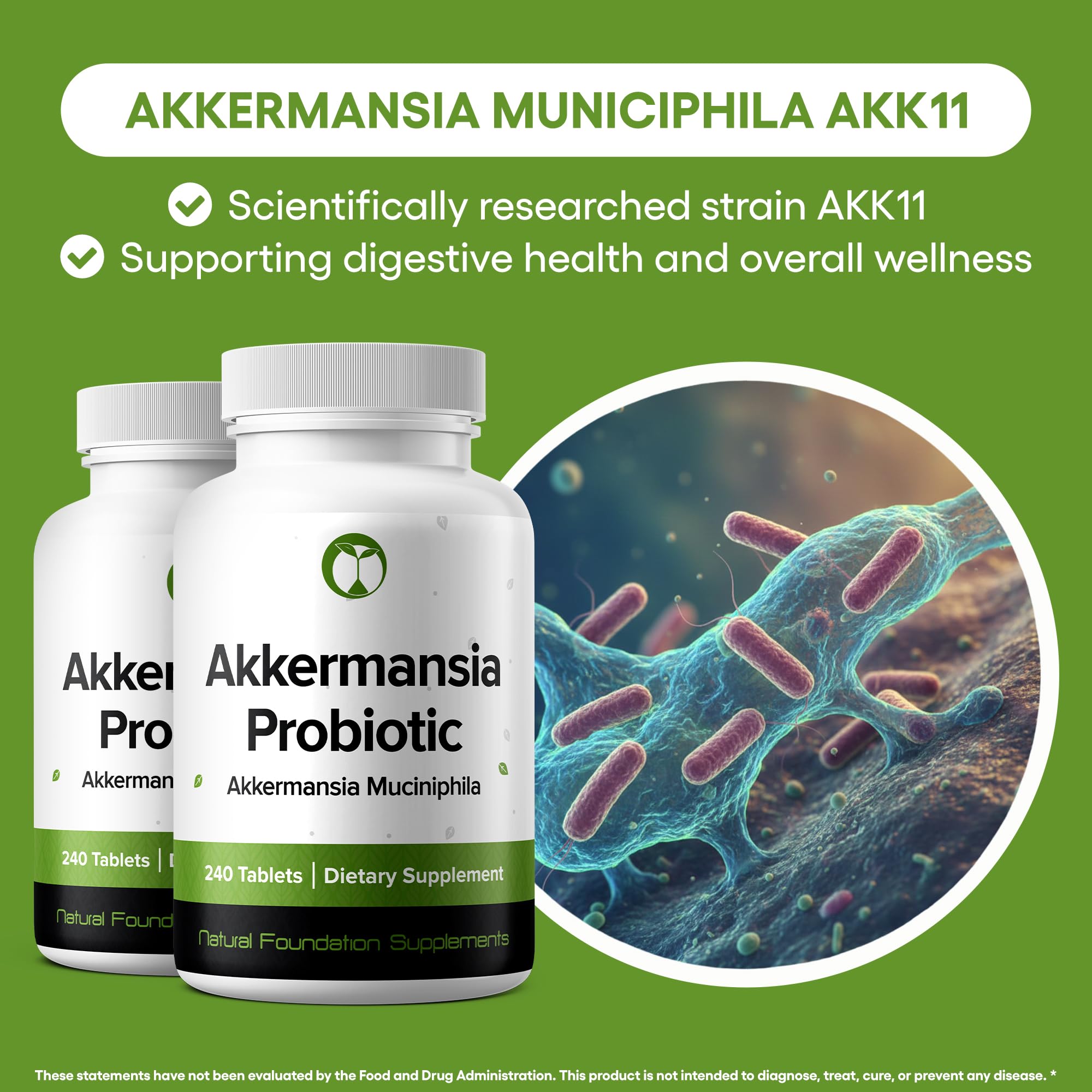 Tabletas de Akkermansia Muciniphila de Natural Foundation Supplements para uso diario.