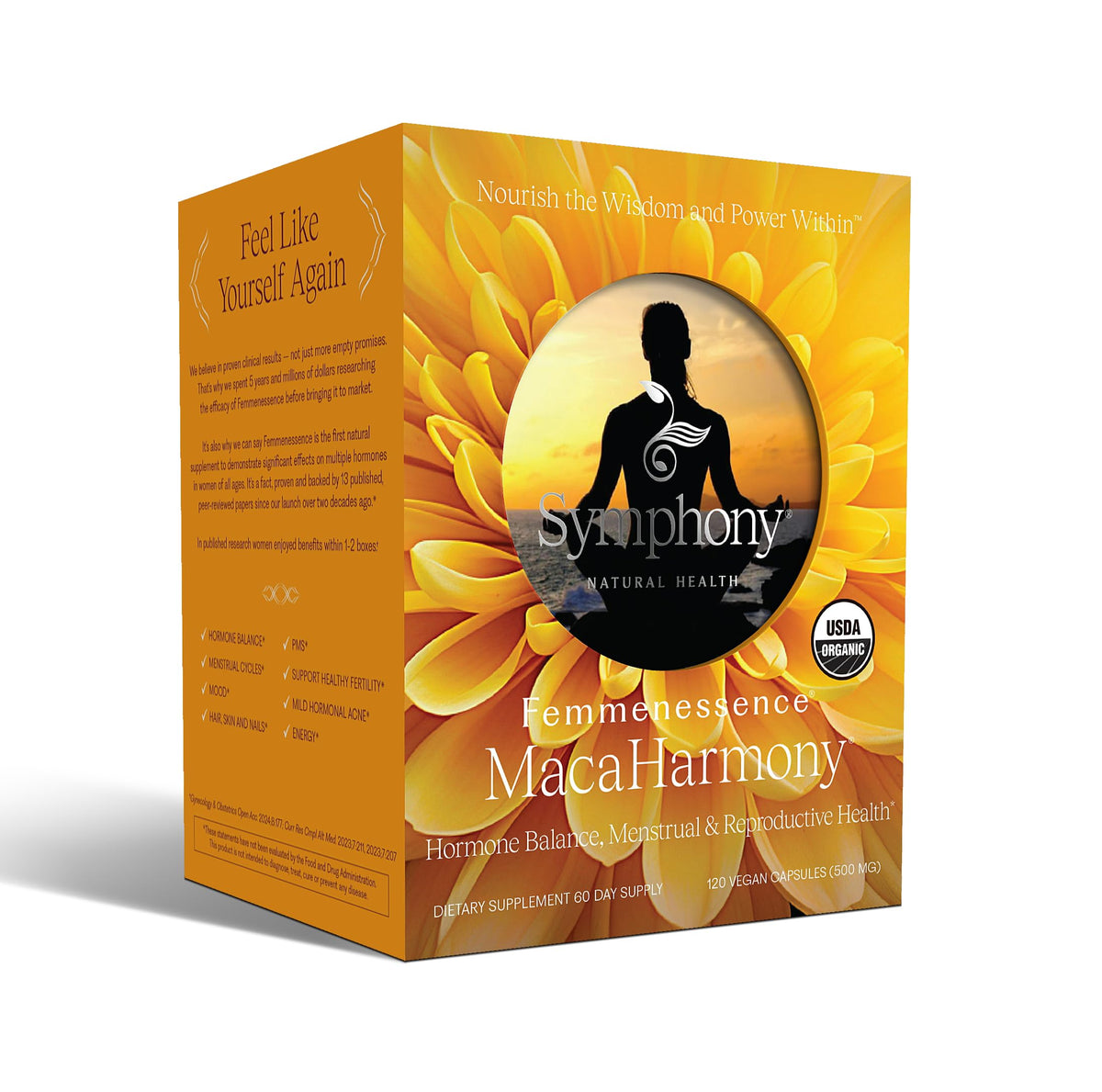 Femmenessence MacaHarmony cápsulas en blíster, posible equilibrio hormonal natural.