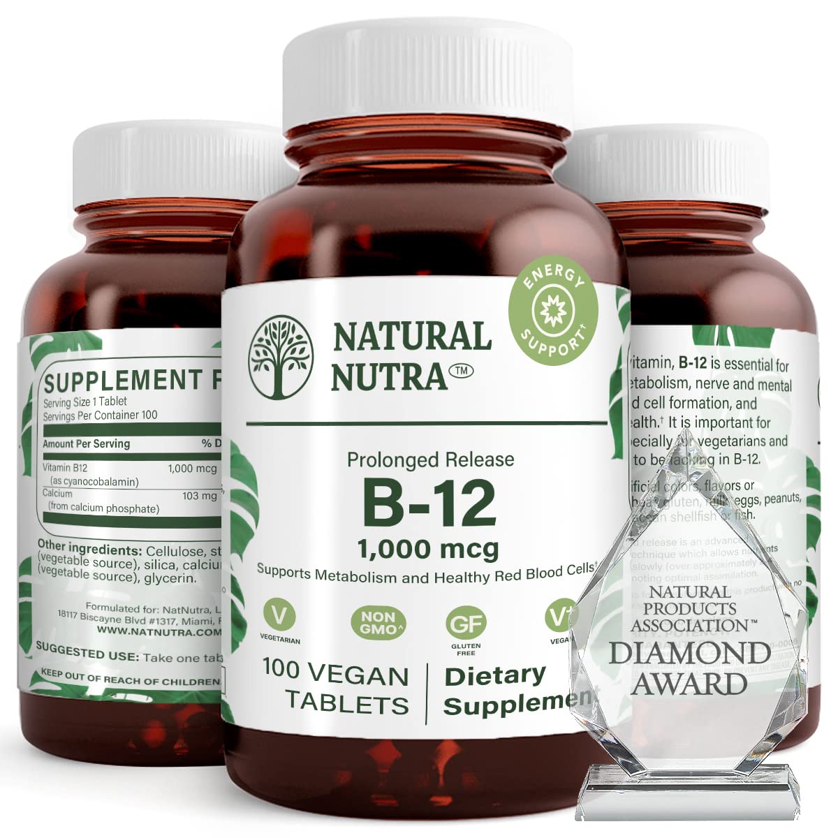 Natural Nutra B12 1000 mcg, botella de vidrio ámbar para absorción lenta.