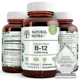 Natural Nutra B12 1000 mcg, botella de vidrio ámbar para absorción lenta.