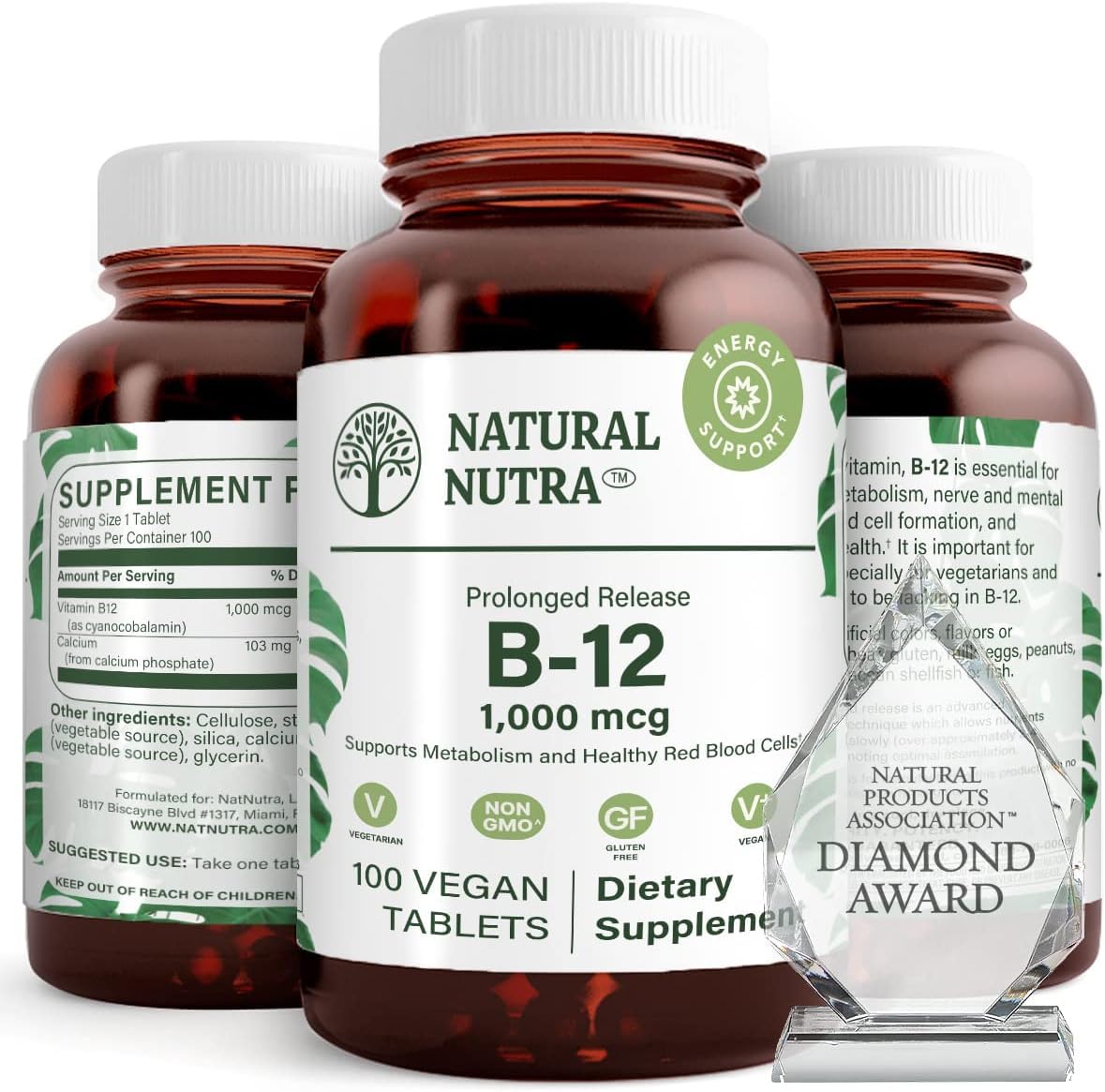 Natural Nutra B12 1000 mcg, etiqueta frontal clara para confianza en la compra.