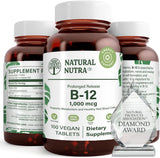 Natural Nutra B12 1000 mcg, etiqueta frontal clara para confianza en la compra.