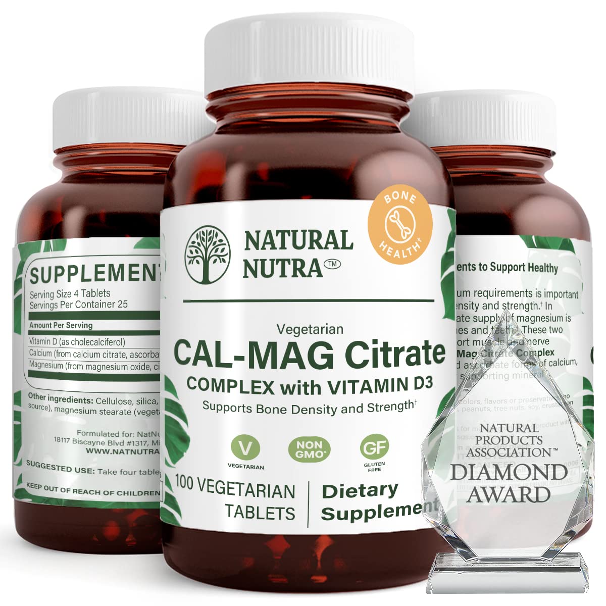 Natural Nutra Cal-Mag Citrato: botella de cápsulas para apoyar huesos y músculos.