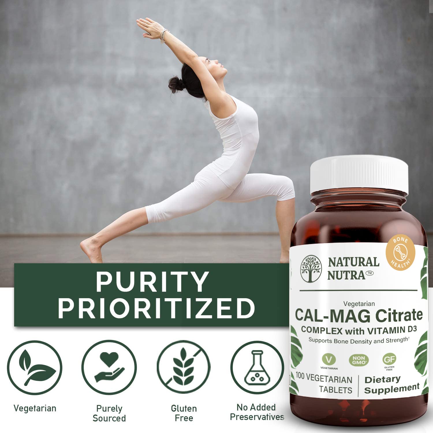 Natural Nutra Cal-Mag Citrato: botella de vidrio ambar para conservar la biodisponibilidad.